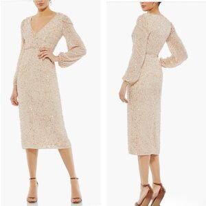 Mac Duggal Sequined Illusion Puff Sleeve Faux Wrap Blush Midi Dress Size 14